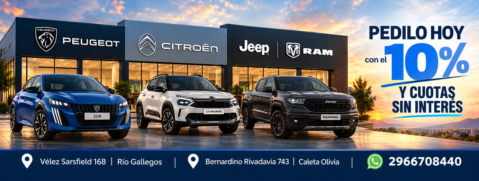 Peugeot, Citroën, Jeep y RAM. Pedilo hoy con 10 por ciento y cuotas sin interés. Río Gallegos y Caleta Olivia. WhatsApp 2966708440.
