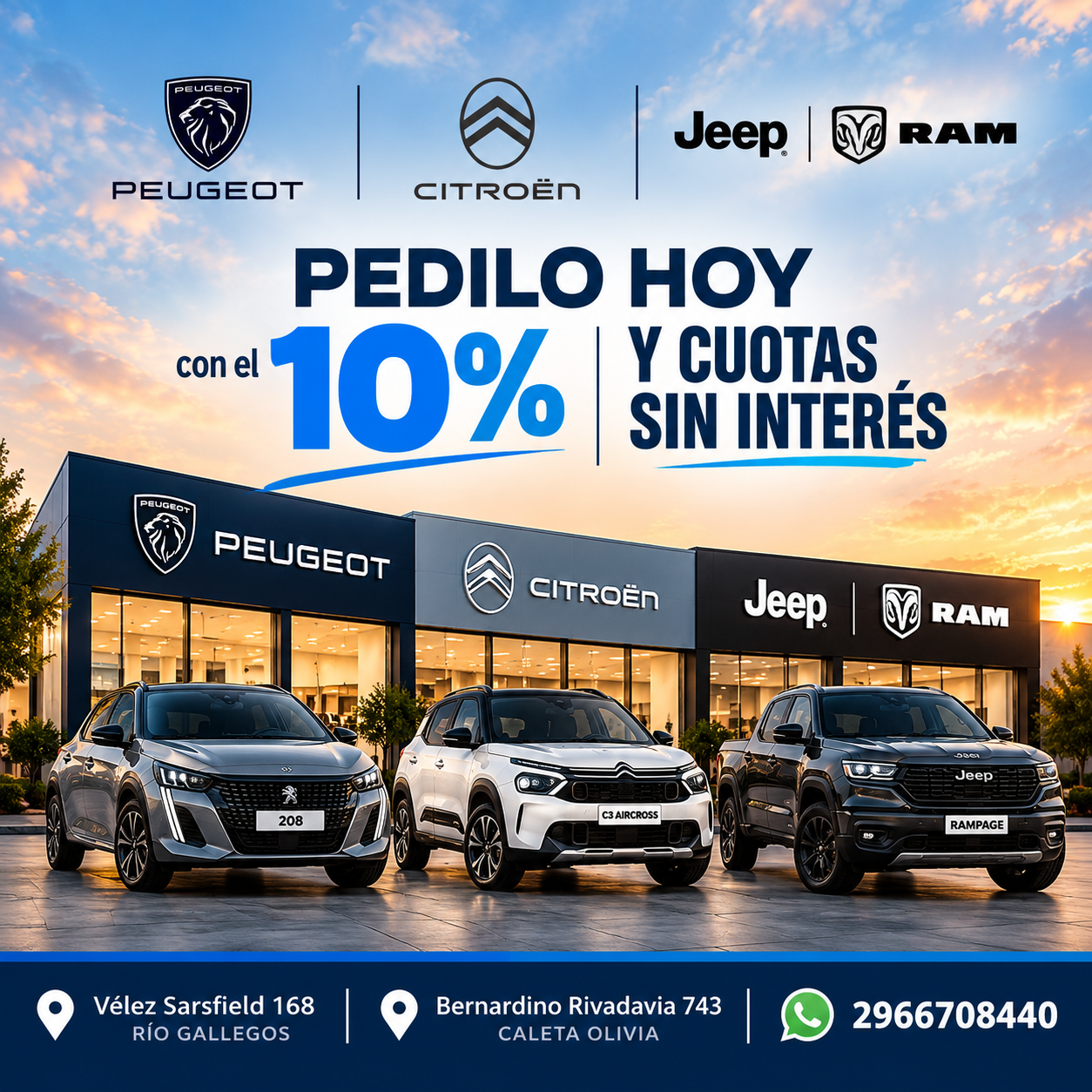 Peugeot, Citroën, Jeep y RAM. Pedilo hoy con 10 por ciento y cuotas sin interés. Río Gallegos y Caleta Olivia. WhatsApp 2966708440.